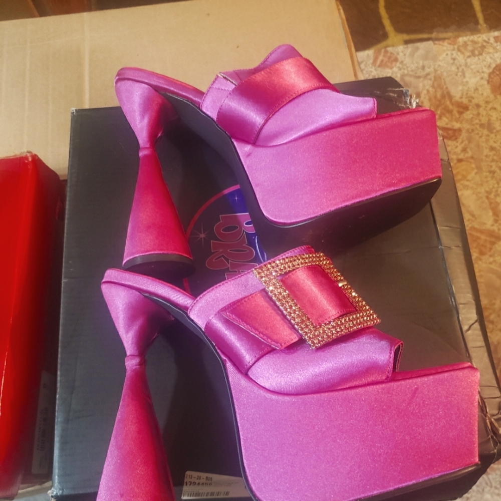 Hot pink satin platform backless sandals